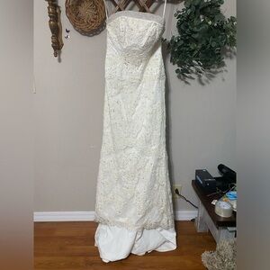 MORI LEE white straight neckline strapless gold beaded appliqué wedding dress 12